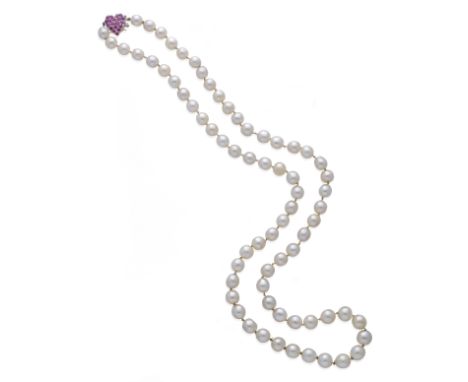 A cultured pearl necklaceThe graduated row of cultured pearls measuring 8.0mm - 10.0mm, to a heart-shaped circular-cut ruby c