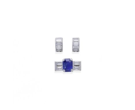 A sapphire and diamond bracelet link, and two further diamond linksTaken from a bracelet, the step-cut sapphire between bague