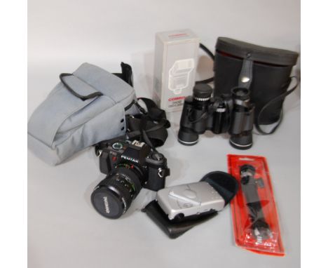 PENTAX P30 - SLR ROLL FILM CAMERA textured black body fitted with TAKUMAR-A ZOOM LENS 1:3.5-4.5 28-80mm with lens cover and i