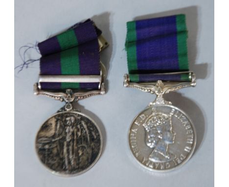 TWO QUEEN ELIZABETH II GENERAL SERVICE MEDALS viz circa 1950's WITH MALAYA CLASP and ribbon awarded to 2370 7205 Pte R. Downw