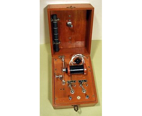 'BRISTOW INDUCTION COIL'. INDUCED CURRENT COIL, , with electro-magnetic interrupter and draw tube, wire cord and twin pin plu