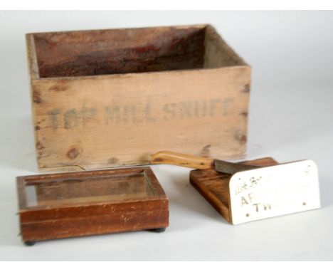 SMALL SNUFF TINS COUNTER TOP DISPLAY CASE, with framed and glaze hinged lid, 8" (20.3cm) wide, a SMALL COUNTER TOP TOBACCO CU