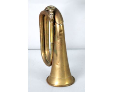 A MAYERS AND HARRISON LTD (1961) BRASS BUGLE, a  COPPER AND BRASS WALL POCKET SPILL HOLDER,  and a  MILK GLASS OIL LAMP SHADE