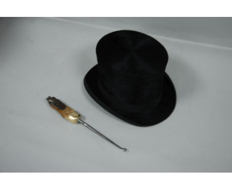 *'BEST QUALITY LONDON' GENTLEMAN'S TOP HAT and a late 19th Century LARGE STEEL BUTTON HOOK with foxes paw handle