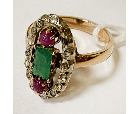 9CT GOLD EMERALD CABOUCHON, RUBY &amp; DIAMOND RING 4.7 GRAMS APPROX