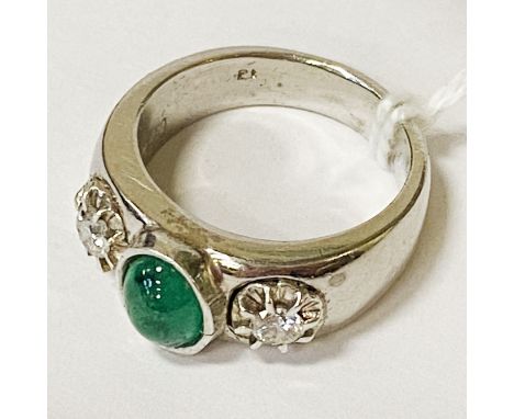 CABOUCHON EMERALD &amp; DIAMOND PLATINUM RING - APPROX 17G - SIZE P