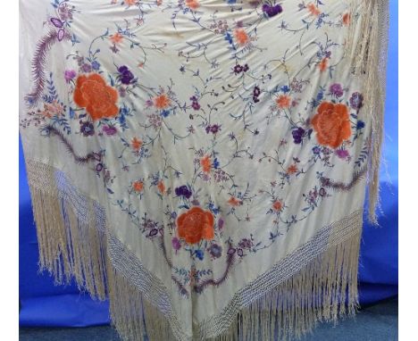 Vintage Textiles: a hand embroidered Chinese piano shawl, with cream deeply knotted fringe, the cream silk ground embroidered
