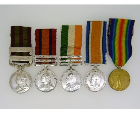 A group of five medals, to Private W. Stoker, Kings Own Yorkshire Light Infantry, comprising an India medal, 1895, with two c