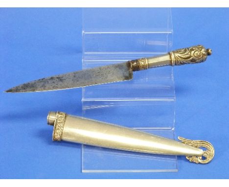 A vintage South American Gaucho knife, with 6in (15cm) stainless blade and sheath embossed with a shooting scene, together wi
