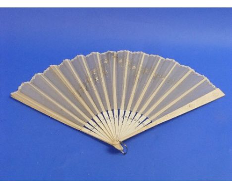 Two antique Fans, one a bone brise fan with hand decorated cream organza, the other a wood brise fan with black sequined orga