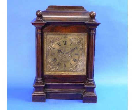 A Victorian rosewood twin-fusee Mantel Clock, with 8-day four pillar movement striking on a bell, the square brass dial with 