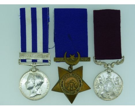 A group of three medals, awarded to Private John Edwards, 1st Btn Yorks and Lancs Regiment, comprising an Egypt medal, 1882, 