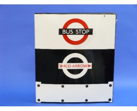A London Transport Bus Stop Sign, 'Red Arrow', by Burnham, London, reg. number 34566, the white enamelled metal rectangular p