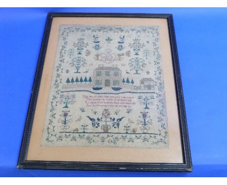 A William IV sampler, worked in coloured silks on linen, with religious verse, a grand Georgian house, stylised trees, birds 