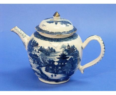 A 19thC Oriental blue and white porcelain Teapot, decorated with a variant willow pattern depicting two figures in a temple l