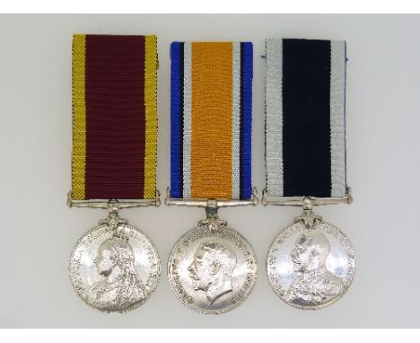 A group of three medals, awarded to T. J. C. Beard, Royal Navy, comprising a China War medal 1900, to T. J. Beard. Qd. Sigln.