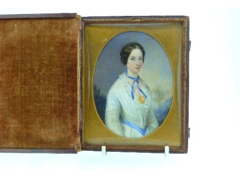 19thC English School, Portrait miniature of a young woman in white dress and blue necktie, watercolour, oval, in hinged velve