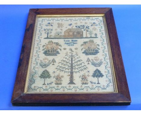 A Victorian sampler, worked in coloured silks on linen, with cottage, stylised apple tree and serpent, baskets of fruit, bird