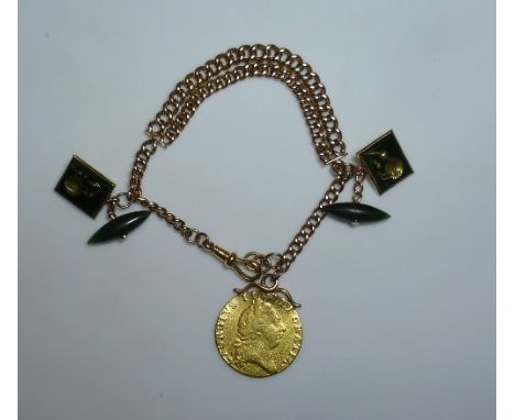 A 9ct rose gold Fob Chain, with suspension clip at one end and coin at the other, and also suspended with a pair of New Zeala