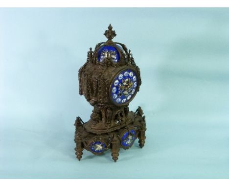 A 19thC French metal and blue enamel Gothic-style Mantel Clock, in the Gothic style, with blue enamel domed-top, circular dia