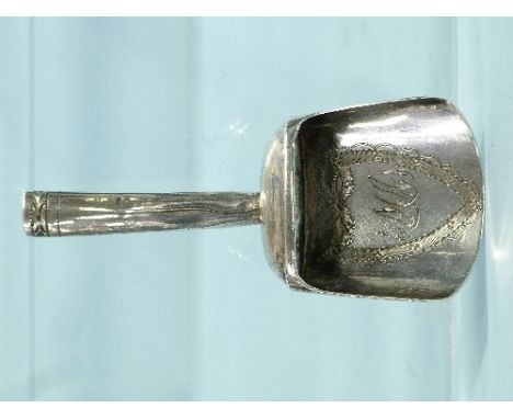 A George III silver Caddy Spoon, makers mark IT, hallmarked Birmingham, 1801, of shovel shape, the bowl engraved with monogra