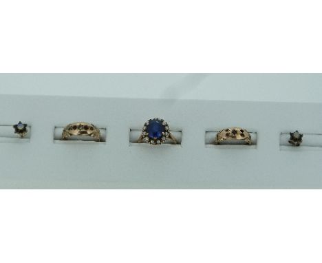 A small collection of Jewellery, including three 9ct yellow gold Rings, together with a very small pair of sapphire and opal 