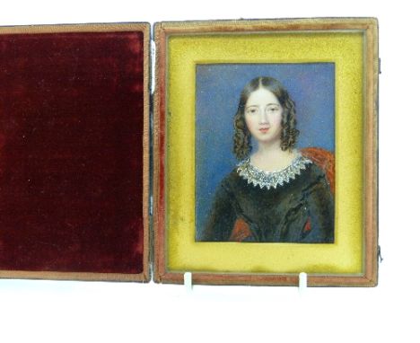 19thC English School, Portrait miniature of a young woman with ringlets, black dress and lace collar, watercolour, in hinged 