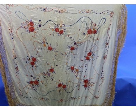 Vintage Textiles: a hand embroidered Chinese piano shawl, with cream deeply knotted fringe, the cream silk ground embroidered