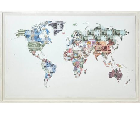 JUSTINE SMITH, 'Money Map of the World', screen print, 85cm x 136cm, signed, framed. (Subject to ARR - see Buyers Conditions)