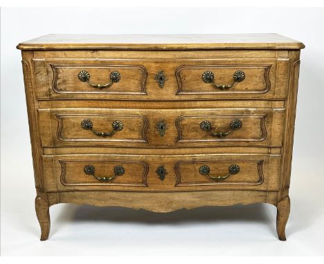 COMMODE, French early 20th century Louis XV design walnut with three long drawers, 87cm H x 114cm x 52cm D. 