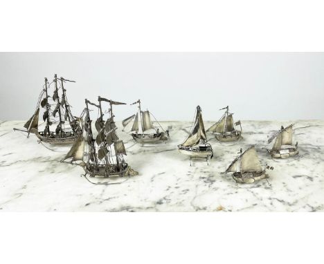 SILVER MINIATURE SAIL BOATS, a collection of seven. (7) Approx 10 Oz. 