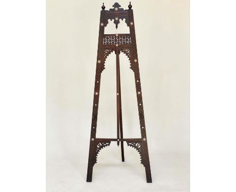 EASEL, antique Moorish carved hardwood and mother of pearl, ebonised and bone inset, adjustable,171cm H x 35cm W. 
