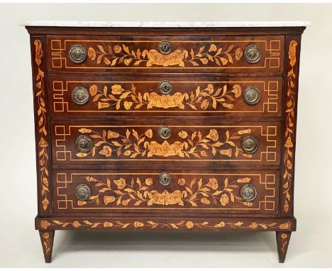 DUTCH COMMODE, 19th century mahogany and floral satinwood inlay with four long drawers and variegated white marble top, 99cm 