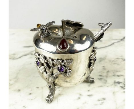 SILVER APPLE JUDAICA HONEY POT, for Rosh Hashanah, the lid with a tiger eye  and bee enclosing a glass bowl with branch leaf 