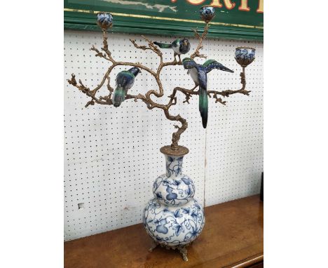 CANDELABRA, 72cm H, glazed ceramic with gilt mounts, three branch. 