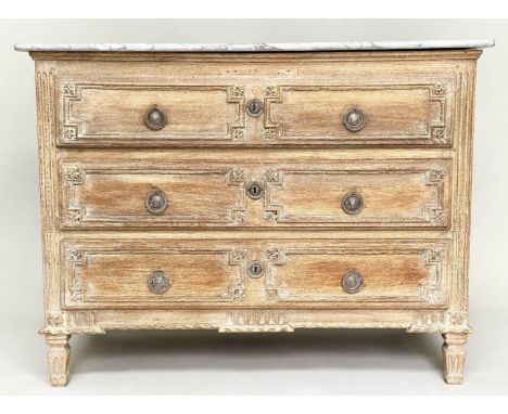 COMMODE, early 19th century French bleached carved oak and silvered metal mounted with three long drawers, 126cm W x 99cm H x