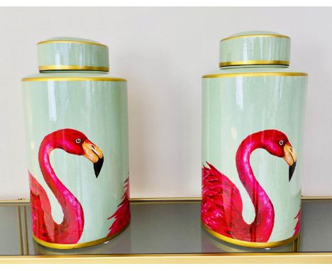 GINGER JARS, pair, 40cm H x 20cm diam., glazed ceramic with flamingo design. (2) 