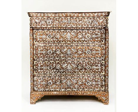 SYRIAN COMMODE, 19th century Syrian hardwood, bone, mother of pearl and silvered metal inlaid with marble top and five long d