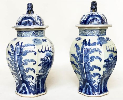 TEMPLE JARS, a pair, Chinese blue and white ceramic with lids and facetted vase form, 68cm H. (2) 