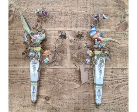 WALL LIGHTS, a set of two, 80cm x 40cm x 13cm, glazed ceramic, gilt mounts, each with a single sconce. (2) 