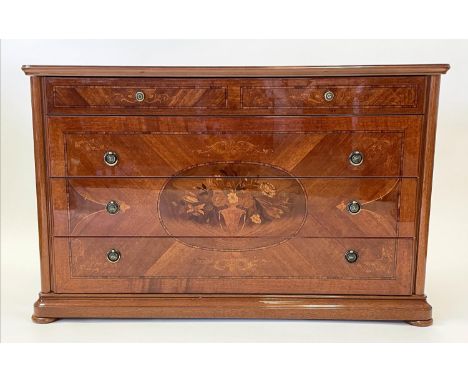 COMMODE, Italian style with four drawers and quarter cut and floral marquetry effect decoration, 136cm L x 52cm D x 84cm H. 