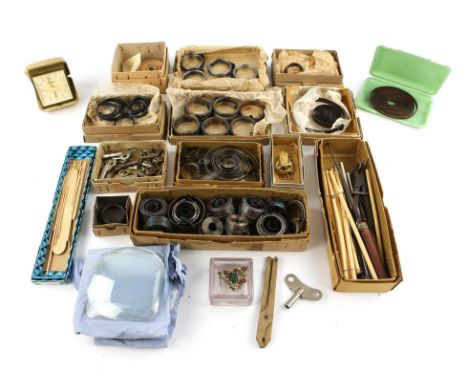 A quantity of assorted carriage and other clock springs, together with tools, keys and sundry items.