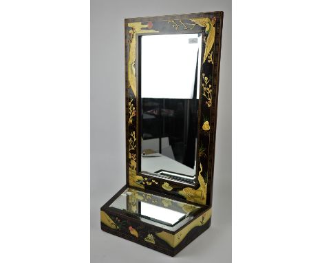 Chinoiserie taste wall mirror and shelf, 20th Century, decorated with crane and rockwork, with lotus and rocks, with bevelled