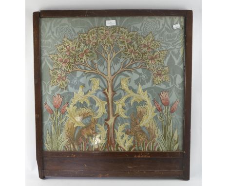 Mahogany fire screen panel,  late 19th/early 20th Century, filled with an embroidered picture of two squirrels under a tree, 
