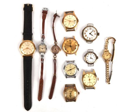 Ten vintage wristwatches, including a silver watch face with a white enamelled dial and Arabic numerals, a gentleman's Ingers
