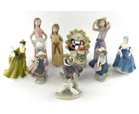 LLadro, three figures of girls with hats, together with three figures of girls with baskets of flowers, a Nao figure group of