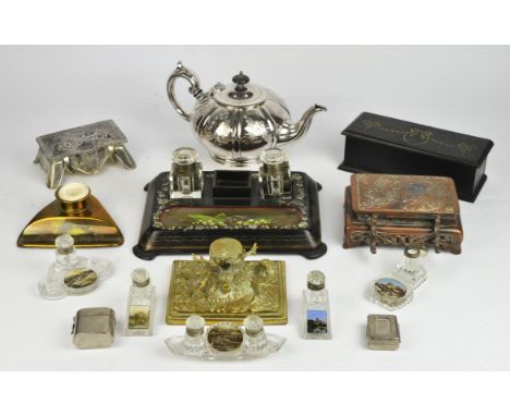 A quantity of metalware collectables including ; a Victorian papier-mache desk standish with two square glass inkwells, an ea