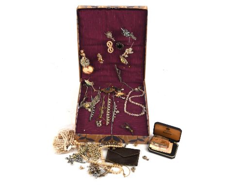 Costume jewellery,  a large quantity of brooches including a Victorian opal scorpion brooch in gilt metal,  a gem set bow bro