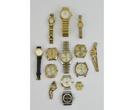 Large group of gentleman and ladies wristwatches, including a gold dial ladies Milus watch with quartz movement and date aper