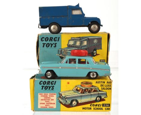 Two Corgi die-cast vehicles comprising ; 236 Corgi Motor School Car and 416 R.A.C. Radio Rescue Land-Rover, both boxed.  (2)